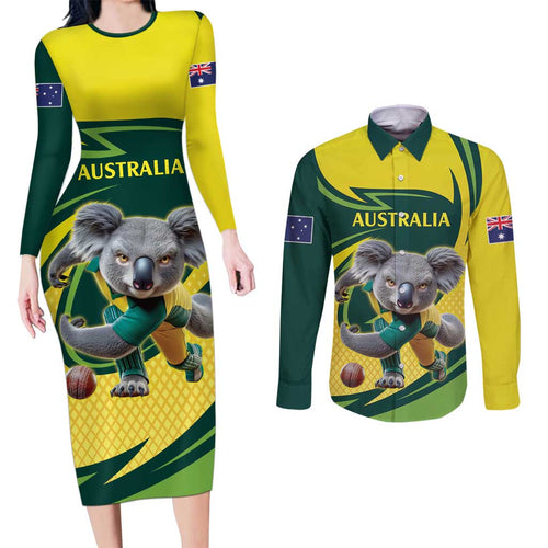 Australian Koala Bear Cricket Custom Couples Matching Long Sleeve Bodycon Dress and Long Sleeve Button Shirt Aussie National Color