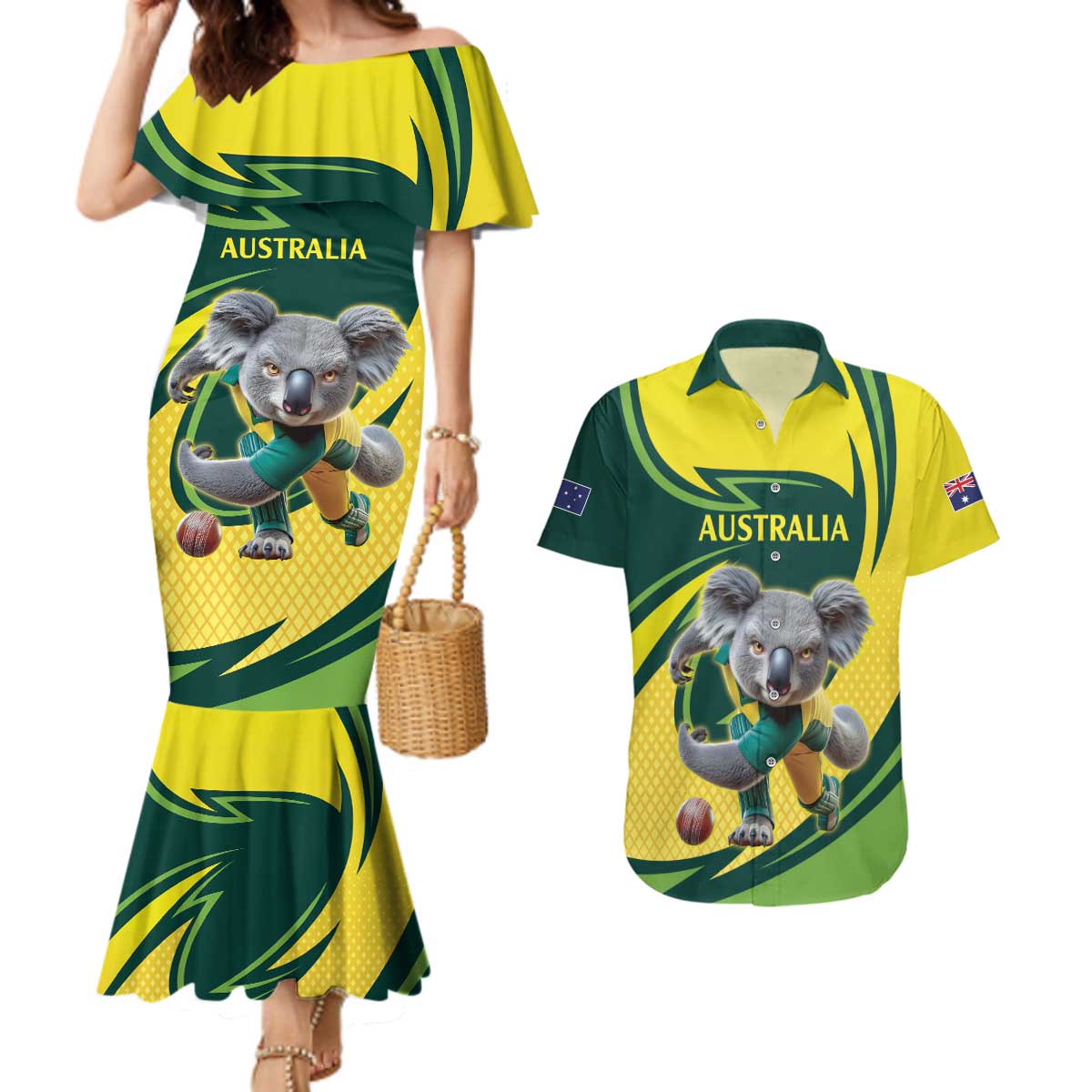 Australian Koala Bear Cricket Custom Couples Matching Mermaid Dress and Hawaiian Shirt Aussie National Color