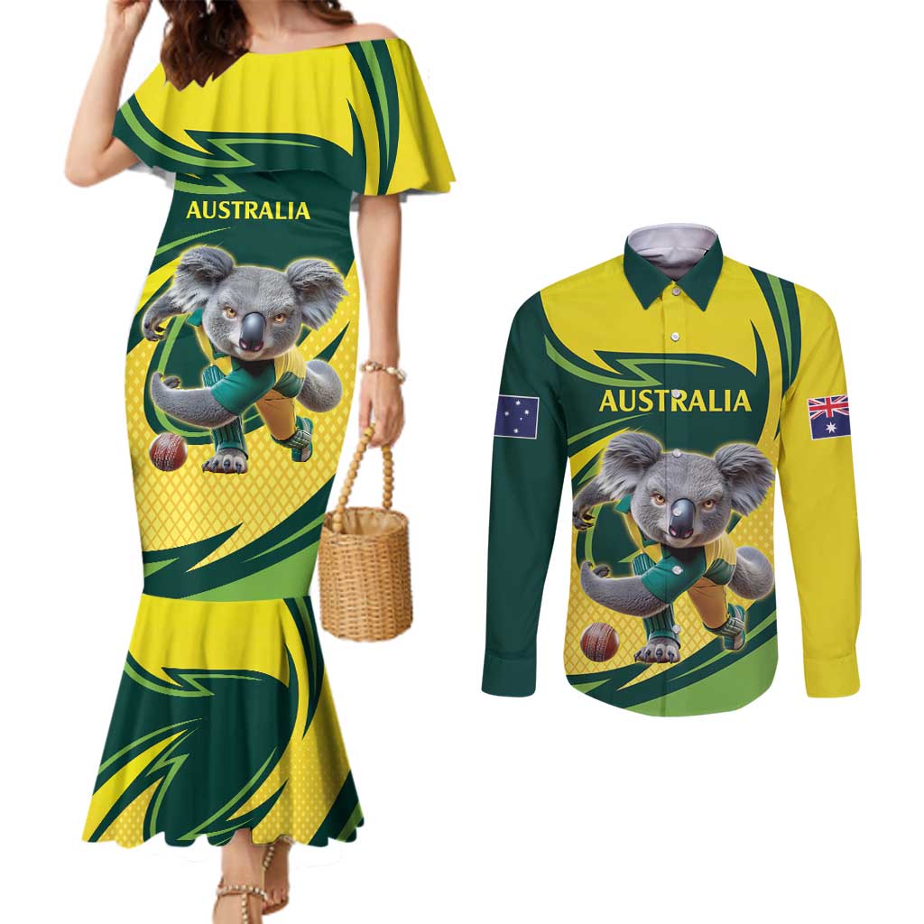 Australian Koala Bear Cricket Custom Couples Matching Mermaid Dress and Long Sleeve Button Shirt Aussie National Color