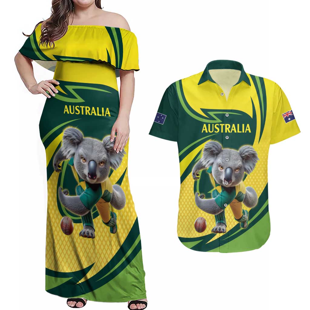Australian Koala Bear Cricket Custom Couples Matching Off Shoulder Maxi Dress and Hawaiian Shirt Aussie National Color