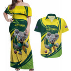 Australian Koala Bear Cricket Custom Couples Matching Off Shoulder Maxi Dress and Hawaiian Shirt Aussie National Color