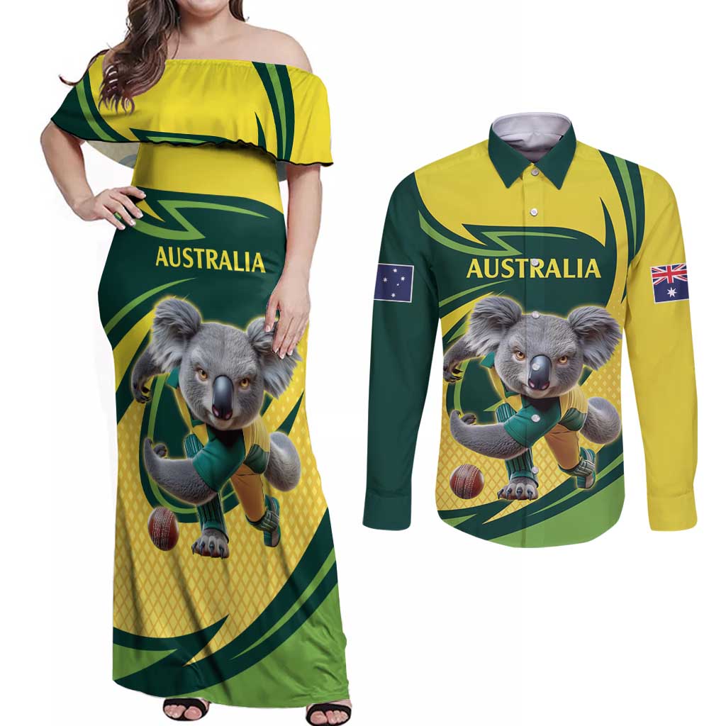 Australian Koala Bear Cricket Custom Couples Matching Off Shoulder Maxi Dress and Long Sleeve Button Shirt Aussie National Color