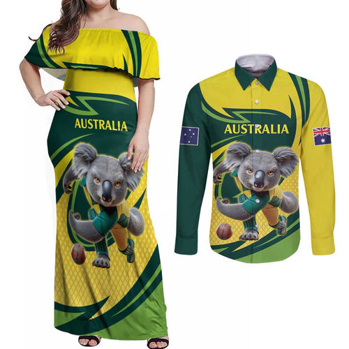 Australian Koala Bear Cricket Custom Couples Matching Off Shoulder Maxi Dress and Long Sleeve Button Shirt Aussie National Color