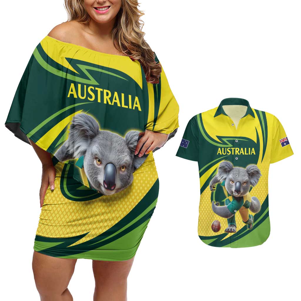 Australian Koala Bear Cricket Custom Couples Matching Off Shoulder Short Dress and Hawaiian Shirt Aussie National Color