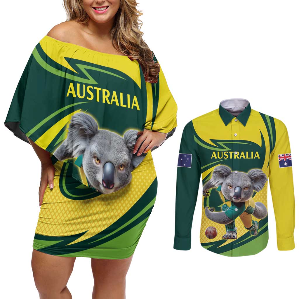 Australian Koala Bear Cricket Custom Couples Matching Off Shoulder Short Dress and Long Sleeve Button Shirt Aussie National Color