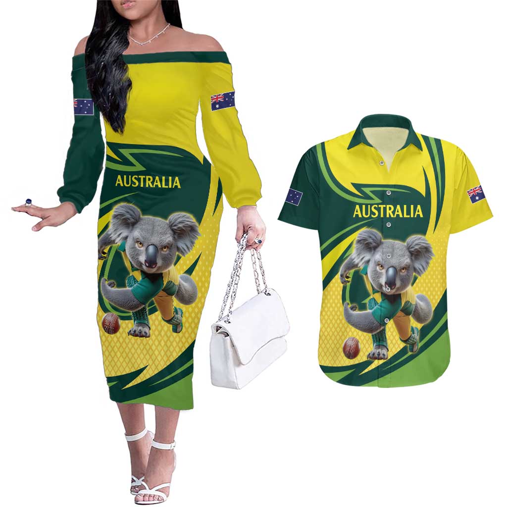 Australian Koala Bear Cricket Custom Couples Matching Off The Shoulder Long Sleeve Dress and Hawaiian Shirt Aussie National Color