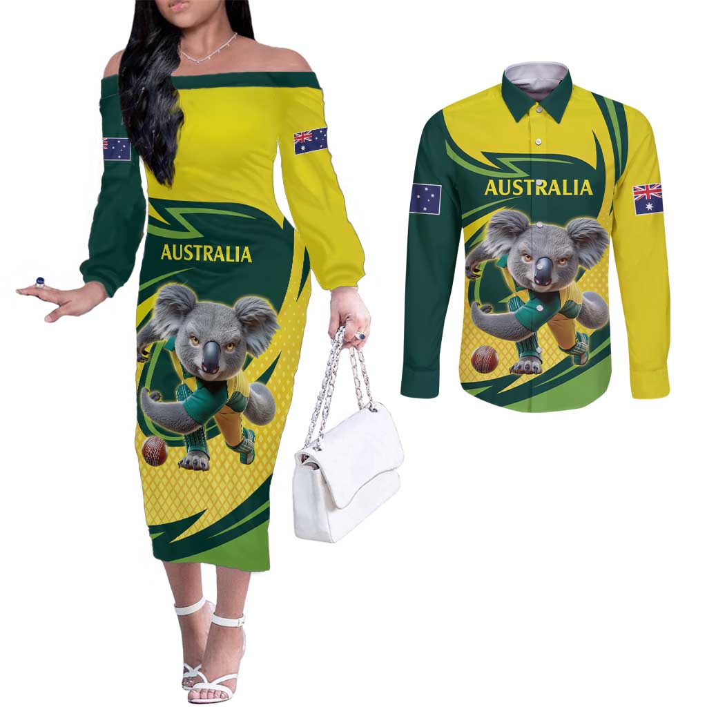 Australian Koala Bear Cricket Custom Couples Matching Off The Shoulder Long Sleeve Dress and Long Sleeve Button Shirt Aussie National Color