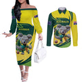 Australian Koala Bear Cricket Custom Couples Matching Off The Shoulder Long Sleeve Dress and Long Sleeve Button Shirt Aussie National Color