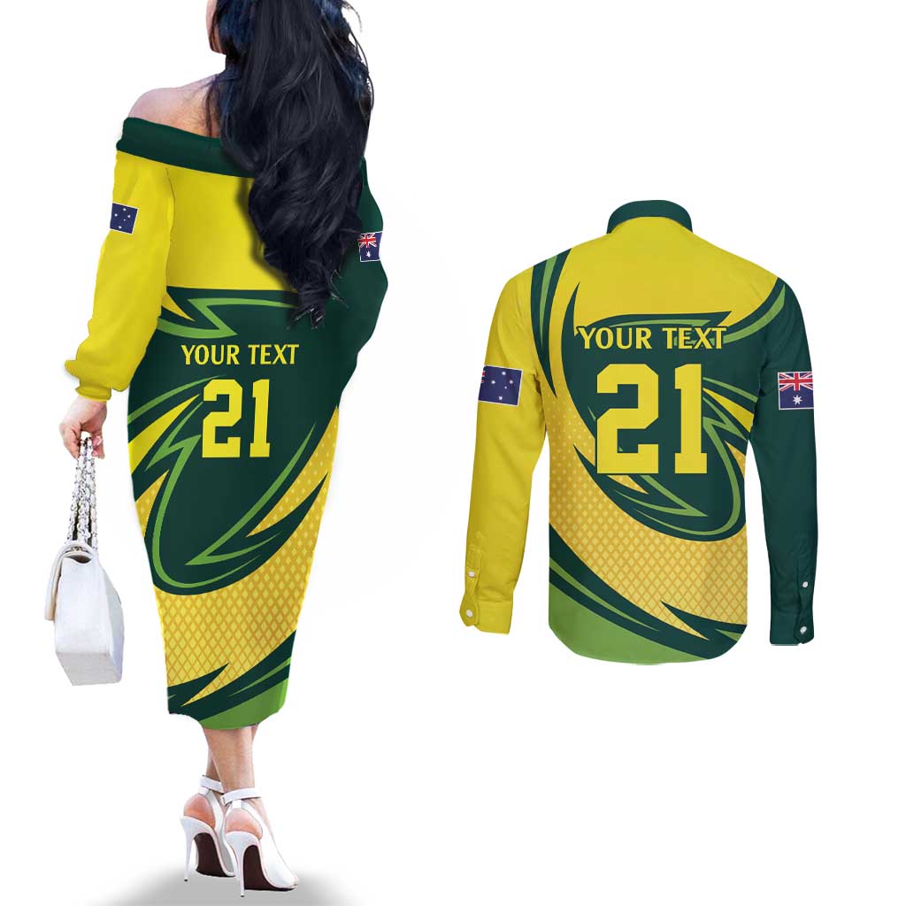 Australian Koala Bear Cricket Custom Couples Matching Off The Shoulder Long Sleeve Dress and Long Sleeve Button Shirt Aussie National Color