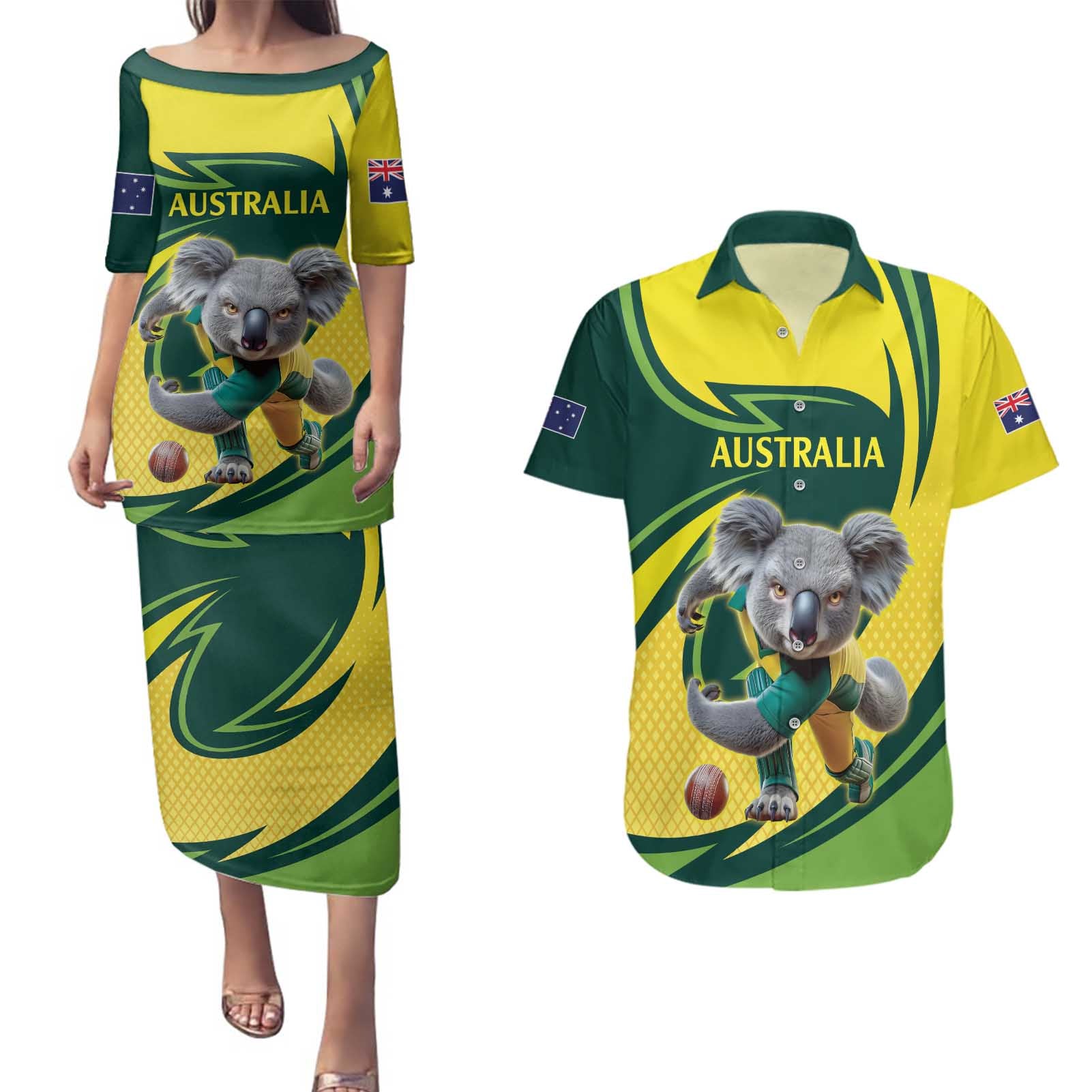 Australian Koala Bear Cricket Custom Couples Matching Puletasi and Hawaiian Shirt Aussie National Color