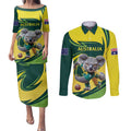 Australian Koala Bear Cricket Custom Couples Matching Puletasi and Long Sleeve Button Shirt Aussie National Color