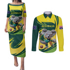 Australian Koala Bear Cricket Custom Couples Matching Puletasi and Long Sleeve Button Shirt Aussie National Color