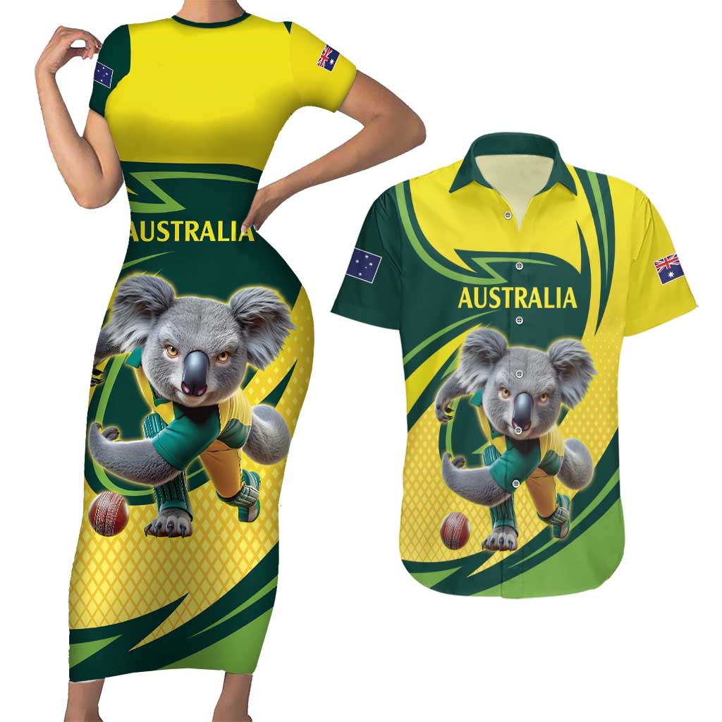 Australian Koala Bear Cricket Custom Couples Matching Short Sleeve Bodycon Dress and Hawaiian Shirt Aussie National Color