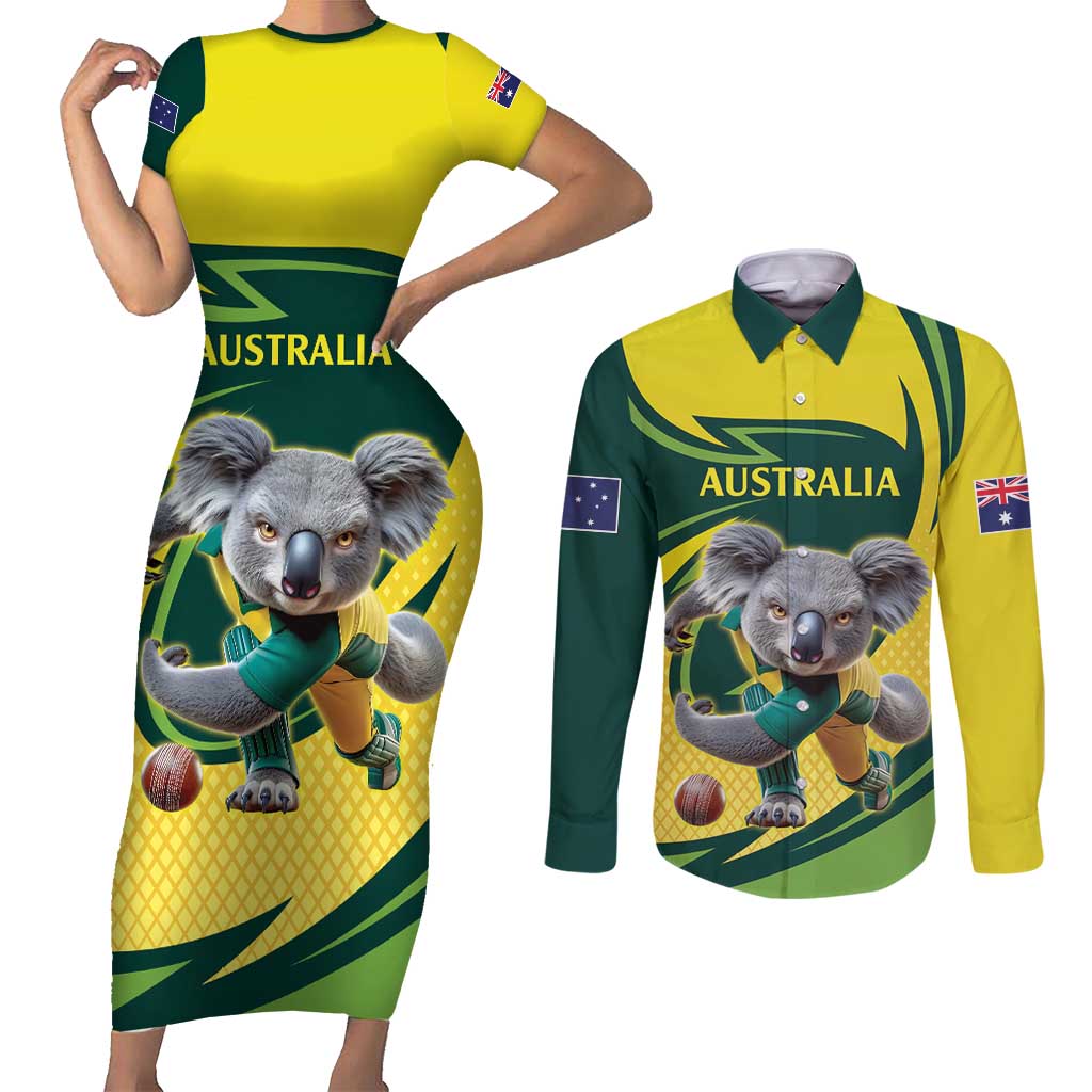 Australian Koala Bear Cricket Custom Couples Matching Short Sleeve Bodycon Dress and Long Sleeve Button Shirt Aussie National Color