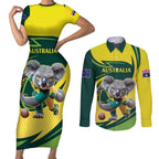 Australian Koala Bear Cricket Custom Couples Matching Short Sleeve Bodycon Dress and Long Sleeve Button Shirt Aussie National Color