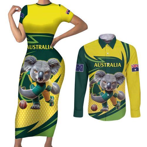 Australian Koala Bear Cricket Custom Couples Matching Short Sleeve Bodycon Dress and Long Sleeve Button Shirt Aussie National Color