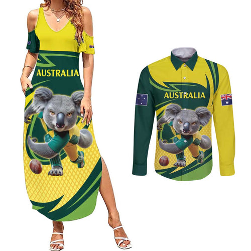 Australian Koala Bear Cricket Custom Couples Matching Summer Maxi Dress and Long Sleeve Button Shirt Aussie National Color