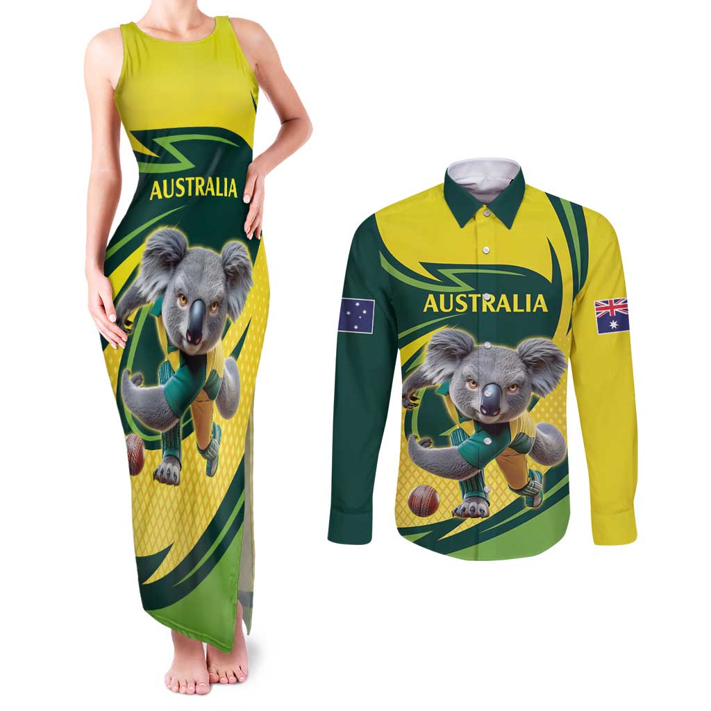 Australian Koala Bear Cricket Custom Couples Matching Tank Maxi Dress and Long Sleeve Button Shirt Aussie National Color