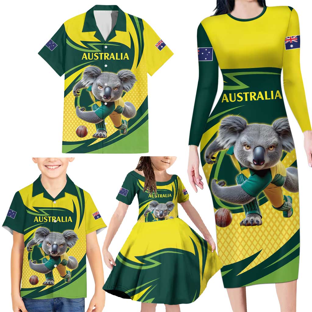 Australian Koala Bear Cricket Custom Family Matching Long Sleeve Bodycon Dress and Hawaiian Shirt Aussie National Color