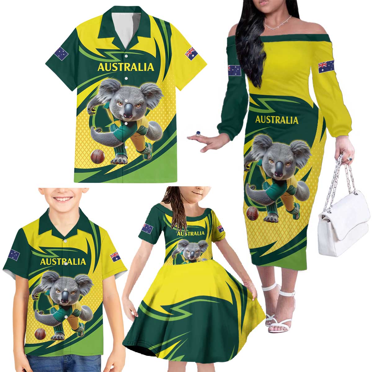 Australian Koala Bear Cricket Custom Family Matching Off The Shoulder Long Sleeve Dress and Hawaiian Shirt Aussie National Color