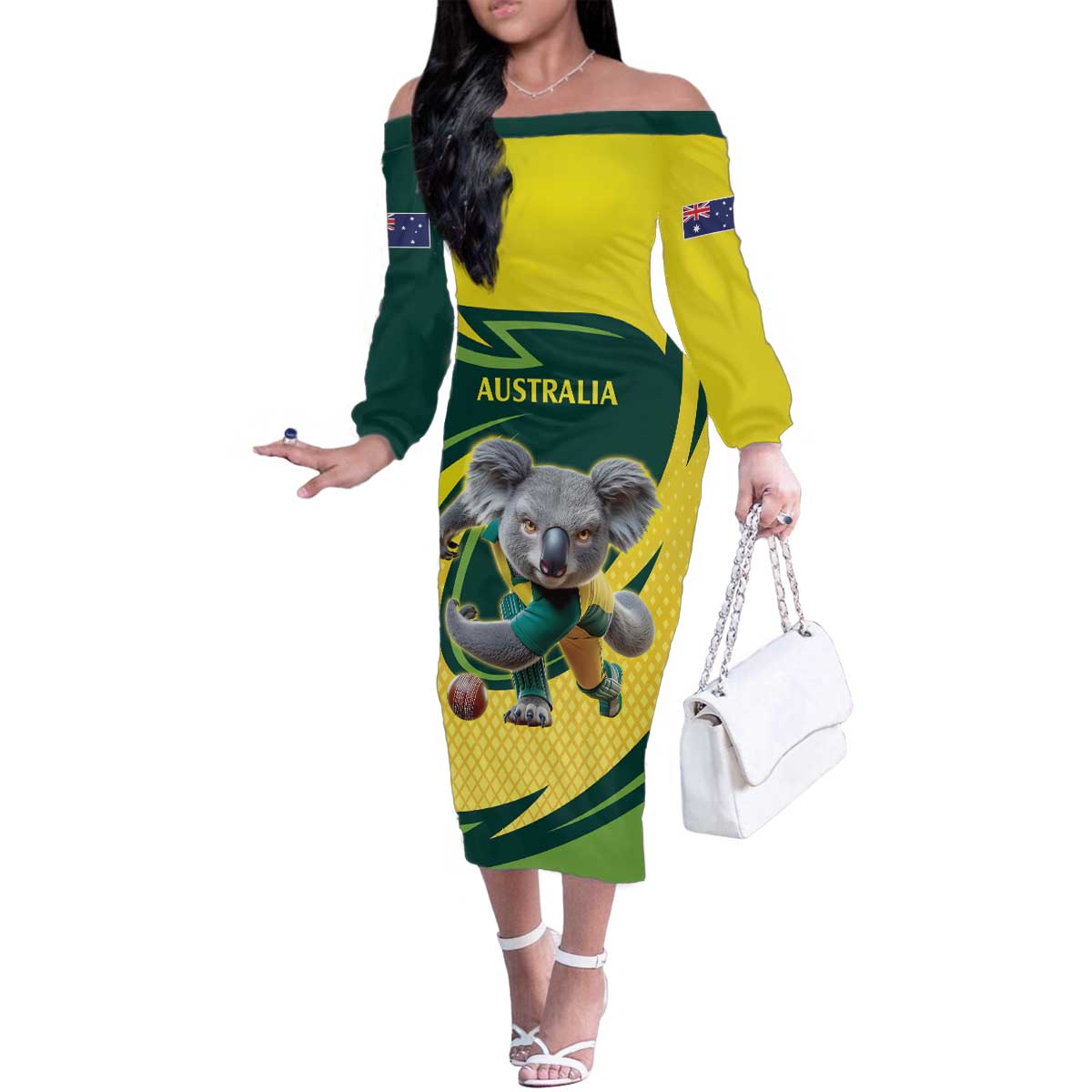 Australian Koala Bear Cricket Custom Family Matching Off The Shoulder Long Sleeve Dress and Hawaiian Shirt Aussie National Color
