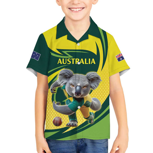 Australian Koala Bear Cricket Custom Family Matching Off The Shoulder Long Sleeve Dress and Hawaiian Shirt Aussie National Color
