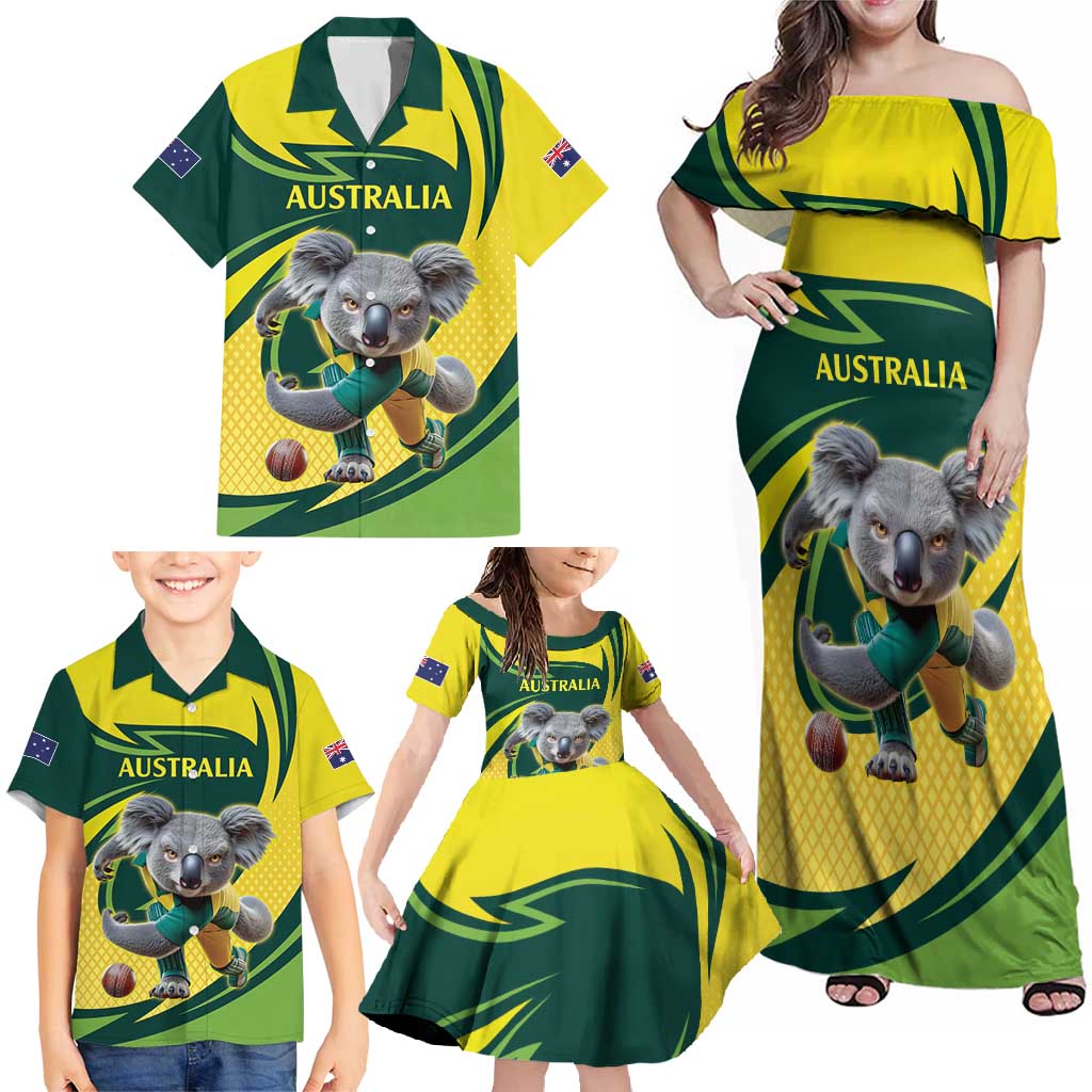 Australian Koala Bear Cricket Custom Family Matching Off Shoulder Maxi Dress and Hawaiian Shirt Aussie National Color