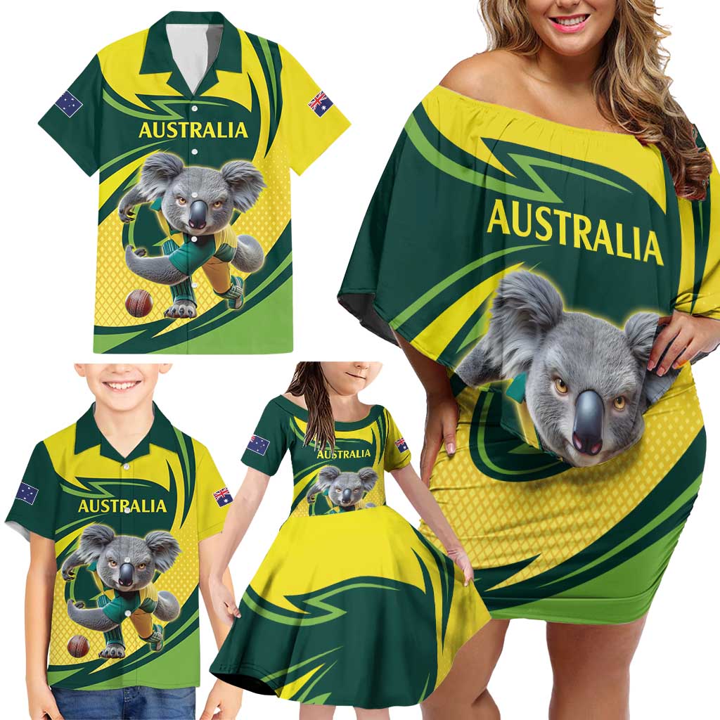 Australian Koala Bear Cricket Custom Family Matching Off Shoulder Short Dress and Hawaiian Shirt Aussie National Color