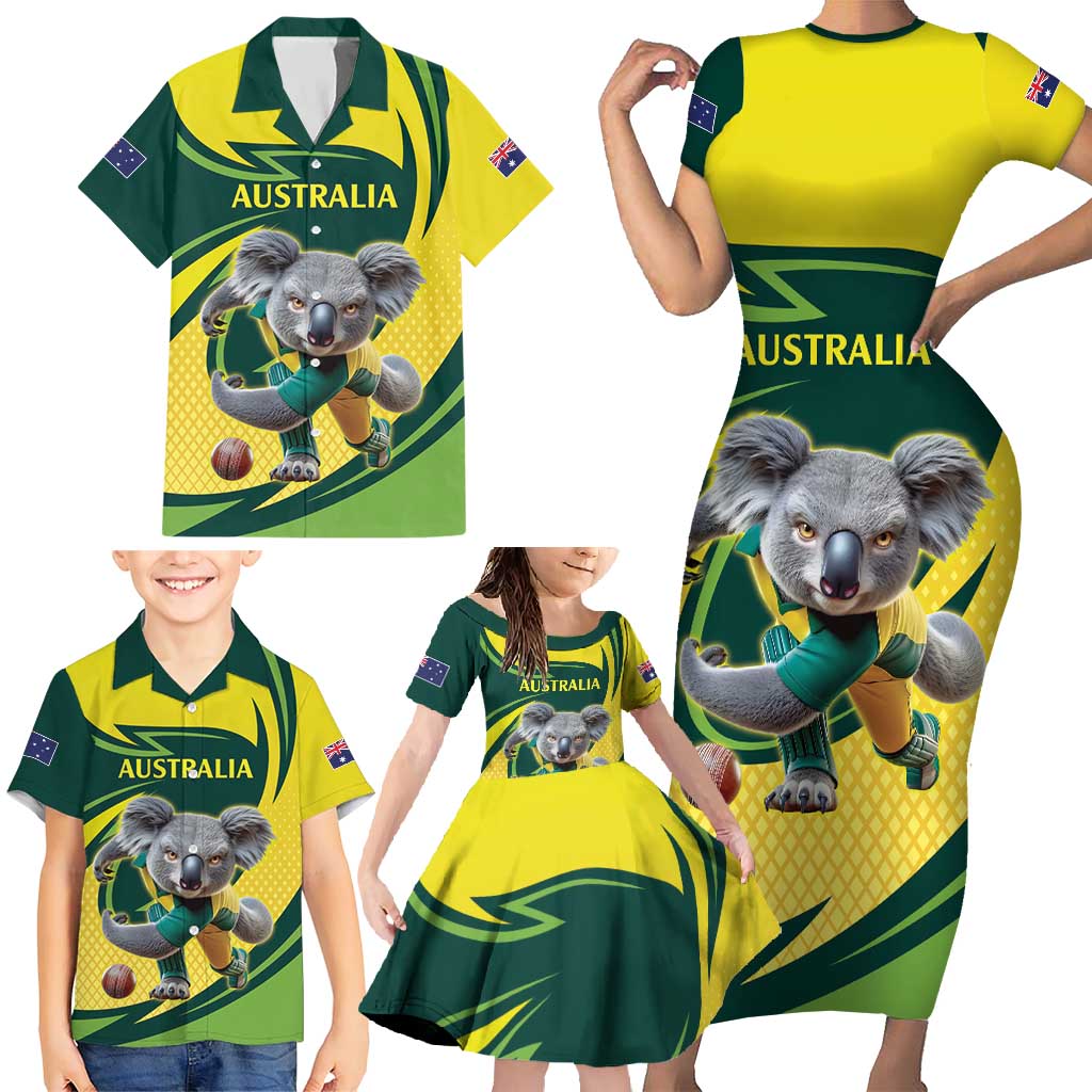 Australian Koala Bear Cricket Custom Family Matching Short Sleeve Bodycon Dress and Hawaiian Shirt Aussie National Color