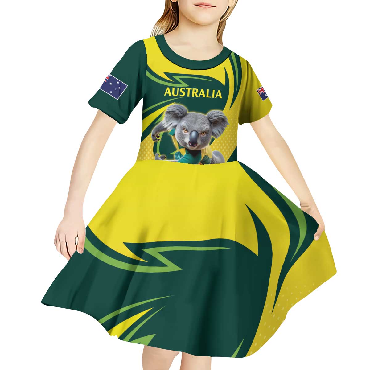 Australian Koala Bear Cricket Custom Kid Short Sleeve Dress Aussie National Color
