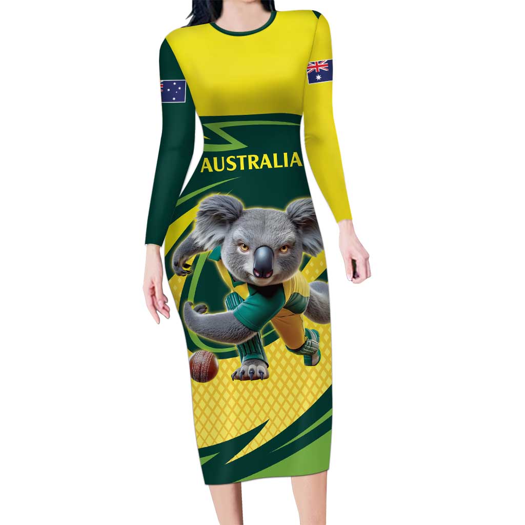 Australian Koala Bear Cricket Custom Long Sleeve Bodycon Dress Aussie National Color
