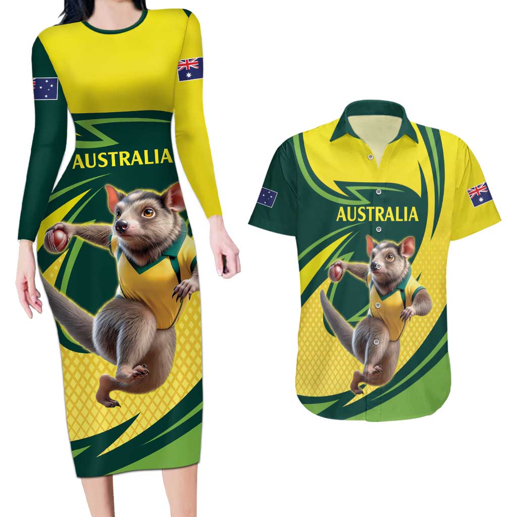 Australian Tasmanian Pademelon Cricket Custom Couples Matching Long Sleeve Bodycon Dress and Hawaiian Shirt Aussie National Color