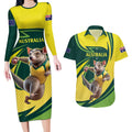 Australian Tasmanian Pademelon Cricket Custom Couples Matching Long Sleeve Bodycon Dress and Hawaiian Shirt Aussie National Color