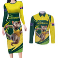 Australian Tasmanian Pademelon Cricket Custom Couples Matching Long Sleeve Bodycon Dress and Long Sleeve Button Shirt Aussie National Color