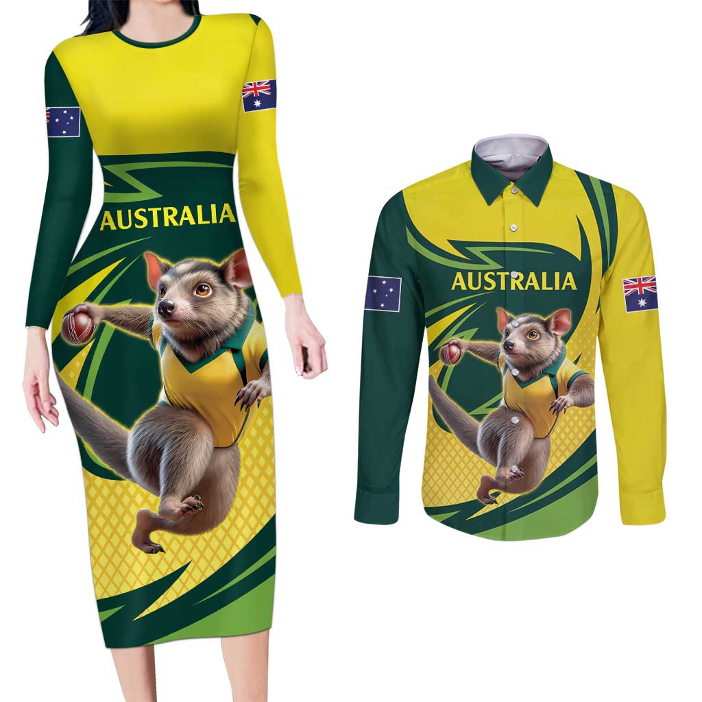 Australian Tasmanian Pademelon Cricket Custom Couples Matching Long Sleeve Bodycon Dress and Long Sleeve Button Shirt Aussie National Color