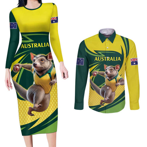 Australian Tasmanian Pademelon Cricket Custom Couples Matching Long Sleeve Bodycon Dress and Long Sleeve Button Shirt Aussie National Color