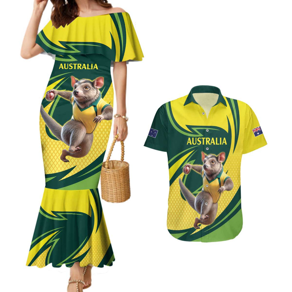 Australian Tasmanian Pademelon Cricket Custom Couples Matching Mermaid Dress and Hawaiian Shirt Aussie National Color