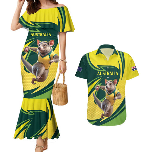Australian Tasmanian Pademelon Cricket Custom Couples Matching Mermaid Dress and Hawaiian Shirt Aussie National Color