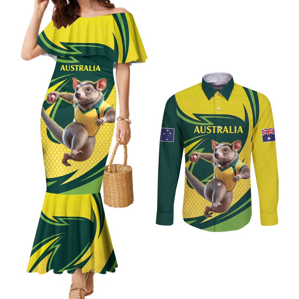 Australian Tasmanian Pademelon Cricket Custom Couples Matching Mermaid Dress and Long Sleeve Button Shirt Aussie National Color