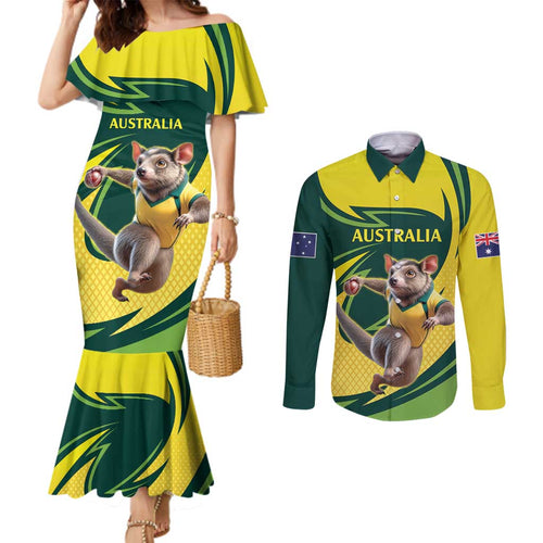 Australian Tasmanian Pademelon Cricket Custom Couples Matching Mermaid Dress and Long Sleeve Button Shirt Aussie National Color