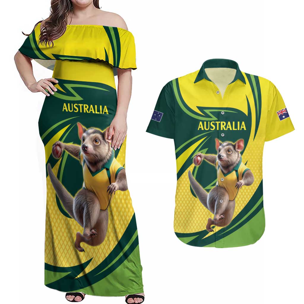 Australian Tasmanian Pademelon Cricket Custom Couples Matching Off Shoulder Maxi Dress and Hawaiian Shirt Aussie National Color
