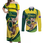 Australian Tasmanian Pademelon Cricket Custom Couples Matching Off Shoulder Maxi Dress and Long Sleeve Button Shirt Aussie National Color