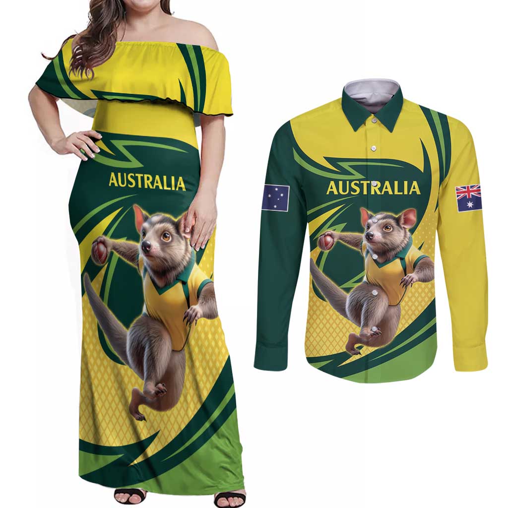 Australian Tasmanian Pademelon Cricket Custom Couples Matching Off Shoulder Maxi Dress and Long Sleeve Button Shirt Aussie National Color