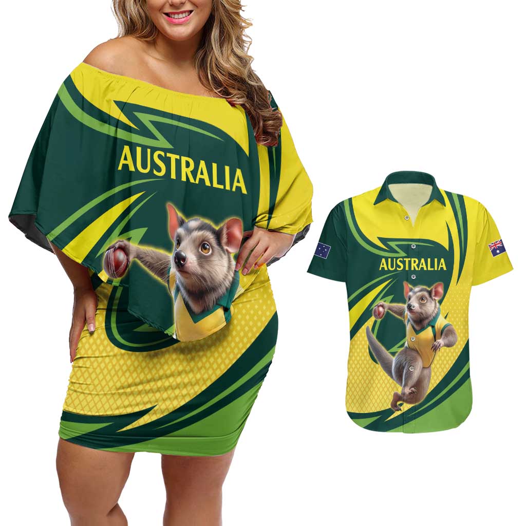 Australian Tasmanian Pademelon Cricket Custom Couples Matching Off Shoulder Short Dress and Hawaiian Shirt Aussie National Color