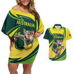 Australian Tasmanian Pademelon Cricket Custom Couples Matching Off Shoulder Short Dress and Hawaiian Shirt Aussie National Color