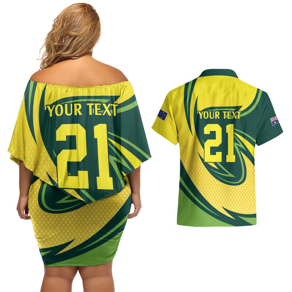 Australian Tasmanian Pademelon Cricket Custom Couples Matching Off Shoulder Short Dress and Hawaiian Shirt Aussie National Color
