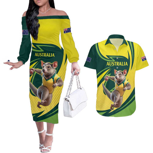 Australian Tasmanian Pademelon Cricket Custom Couples Matching Off The Shoulder Long Sleeve Dress and Hawaiian Shirt Aussie National Color