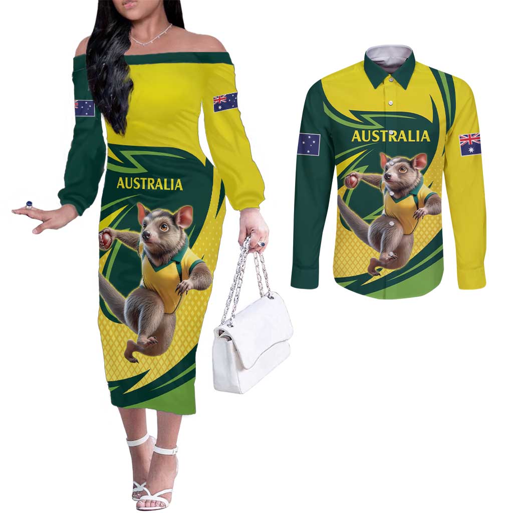 Australian Tasmanian Pademelon Cricket Custom Couples Matching Off The Shoulder Long Sleeve Dress and Long Sleeve Button Shirt Aussie National Color