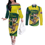 Australian Tasmanian Pademelon Cricket Custom Couples Matching Off The Shoulder Long Sleeve Dress and Long Sleeve Button Shirt Aussie National Color