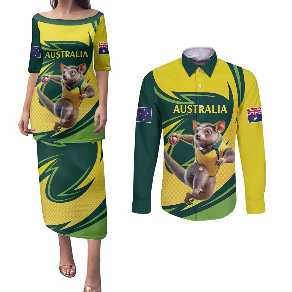 Australian Tasmanian Pademelon Cricket Custom Couples Matching Puletasi and Long Sleeve Button Shirt Aussie National Color